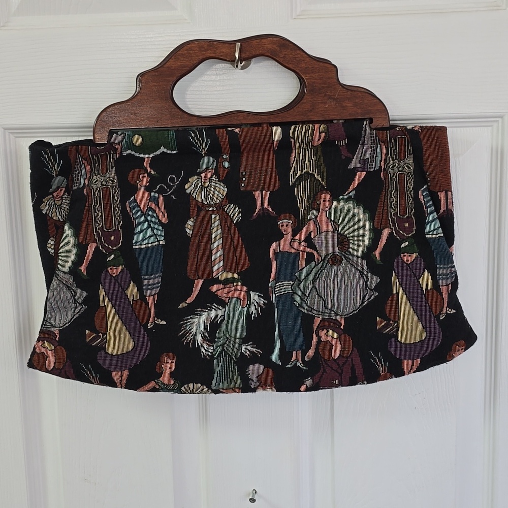 Vintage Retro Tapestry Flapper Roaring 20s Clutch Hand Bag Wood Handle